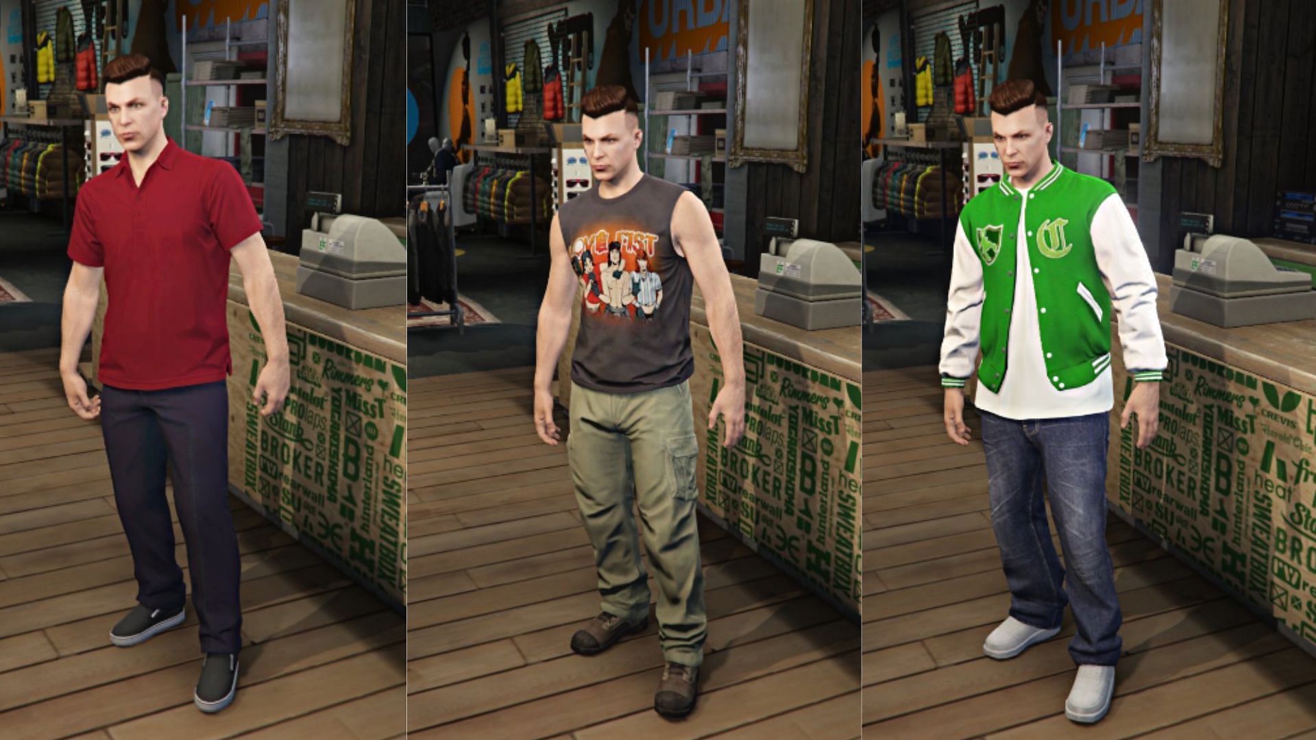 Michael, Trevor, and Franklin&#039;s outfits from left to right (Images via Twitter/TezFunz2)