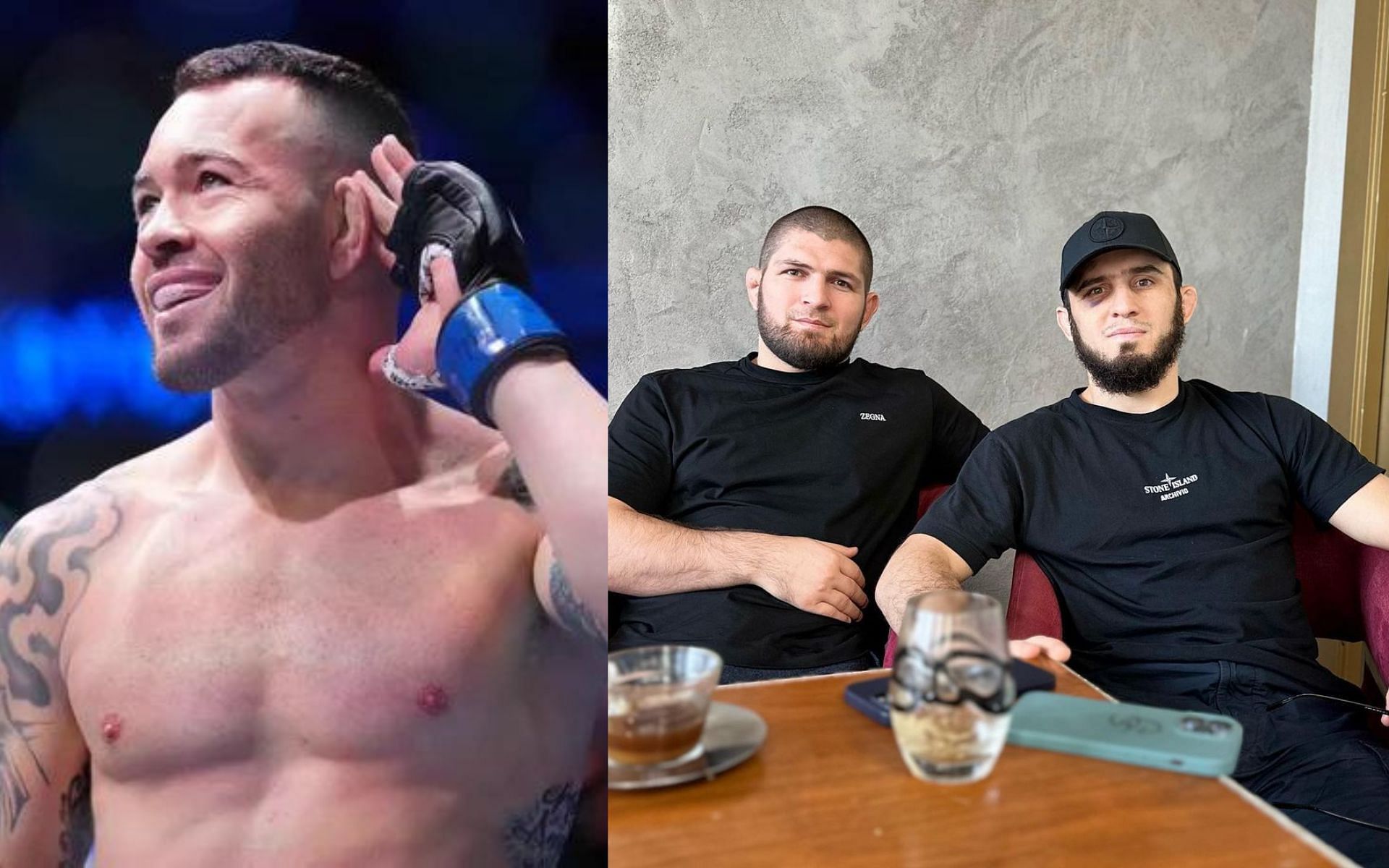 Colby Covington (left) and Khabib Nurmagomedov and Islam Makhachev (right) (Image credits @islam_makhachev on Instagram and @FightDoctor_ on Twitter)