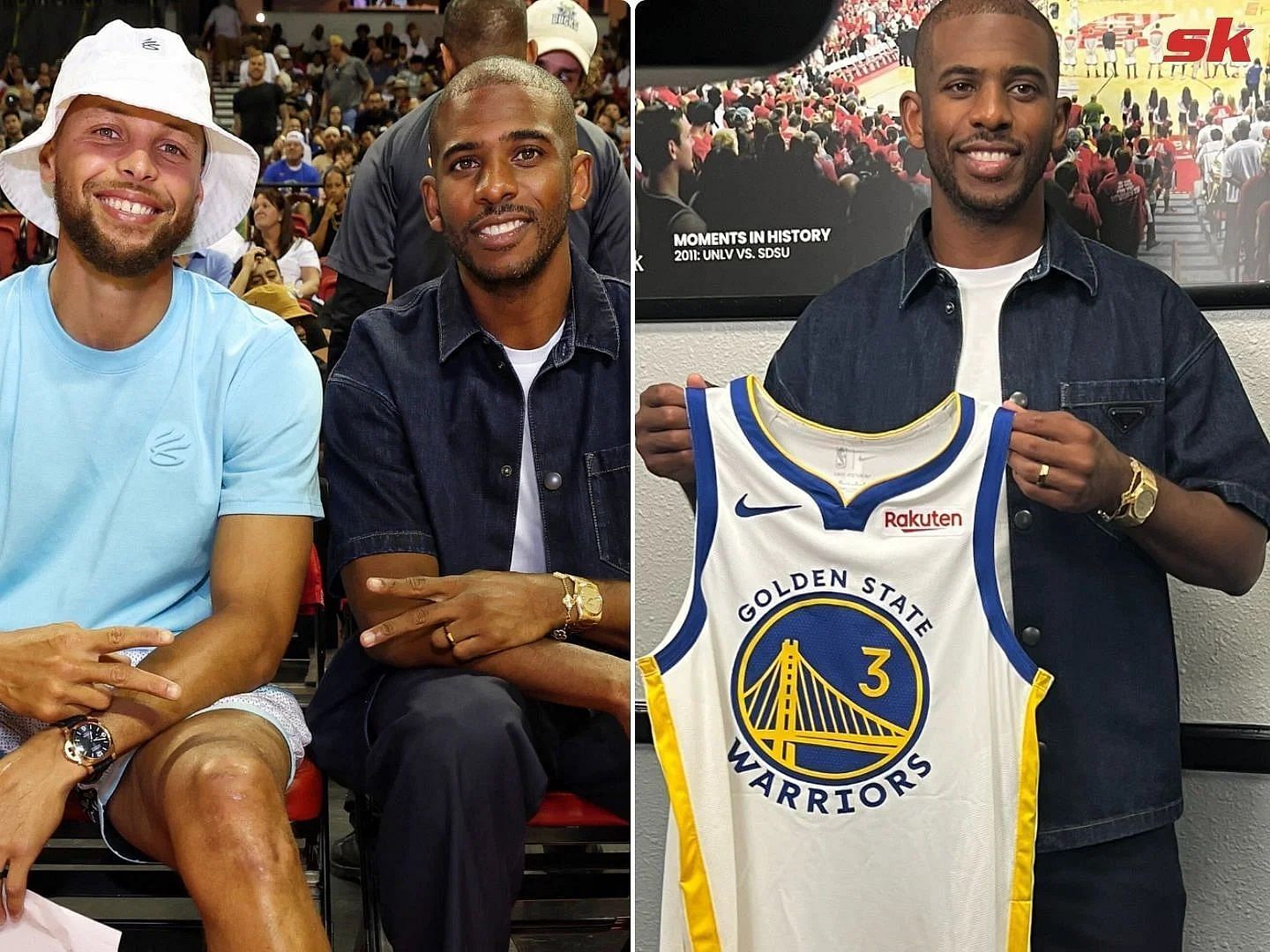 Stephen Curry and the Golden State Warriors could use a sixth man like Chris Paul (R). 