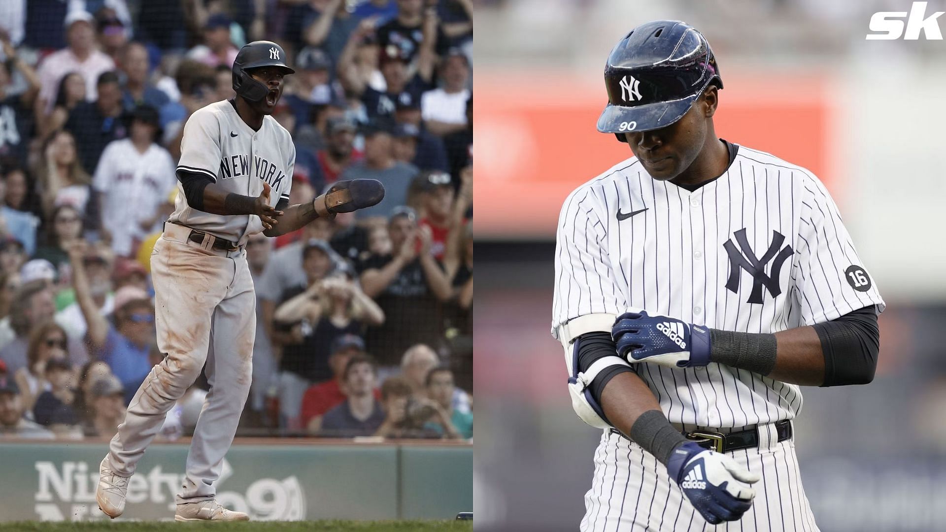 Estevan Florial of the New York Yankees celebrates in the dugout