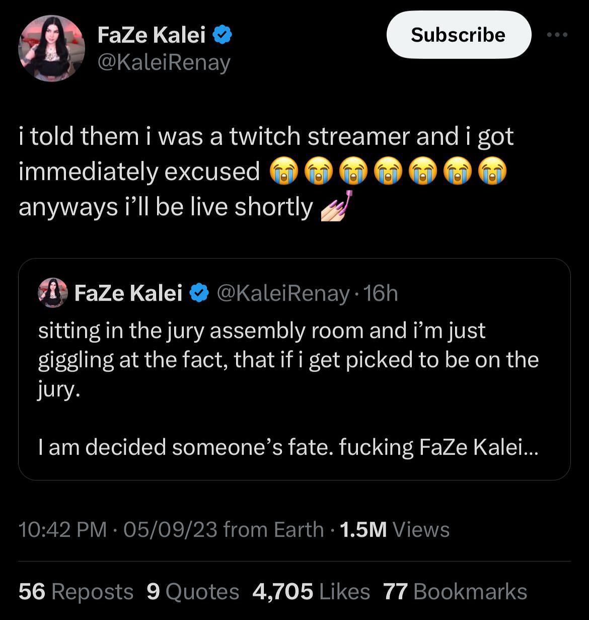 FaZe Kalei reveals getting removed as a juror in a court case (Image via Twitter)