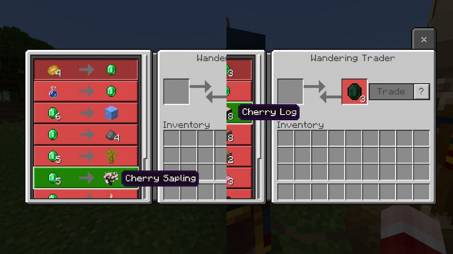 Wandering traders trade cherry wood and saplings, while also buying items from you (Image via Mojang)