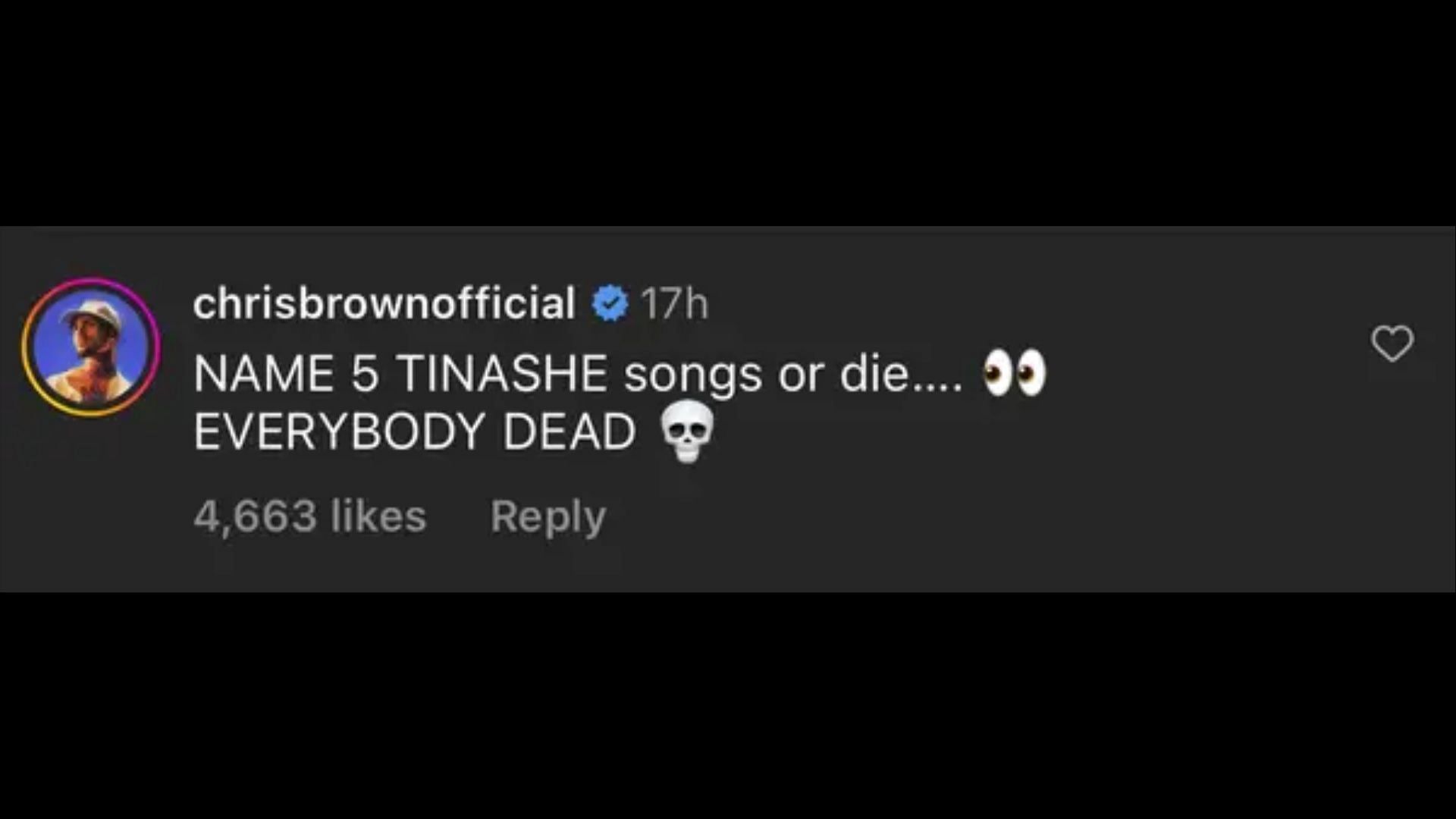 Screenshot of Chris Brown responding on Instagram to Tinashe&#039;s comments on their past collaboration. (Photo via @TheShadeRoom/Instagram)