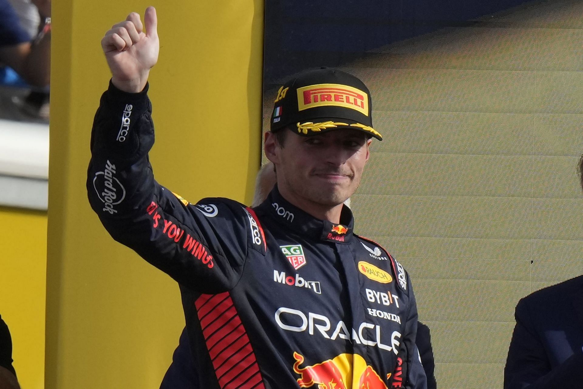 Max Verstappen on the podium, Italian GP