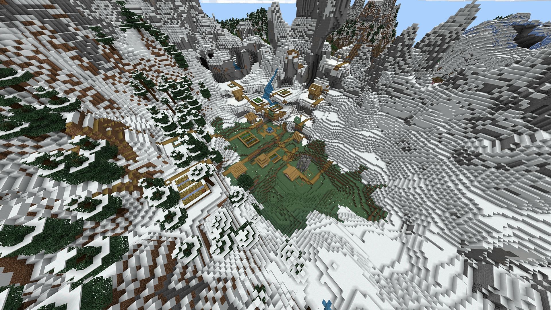 This village in a snowy mountain valley would make for a nice starting point in Minecraft (Image via YouAffectionate7881/Reddit)