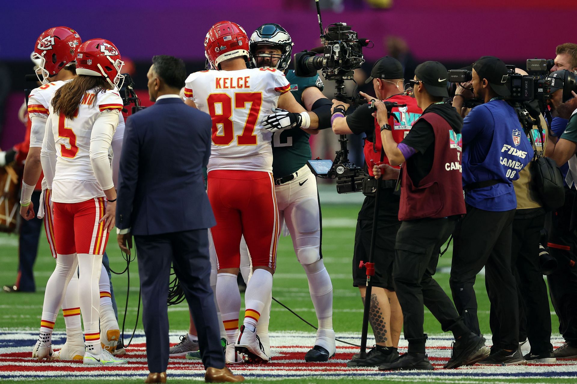 The Kelce brothers at midfield ahaed of Super Bowl LVII