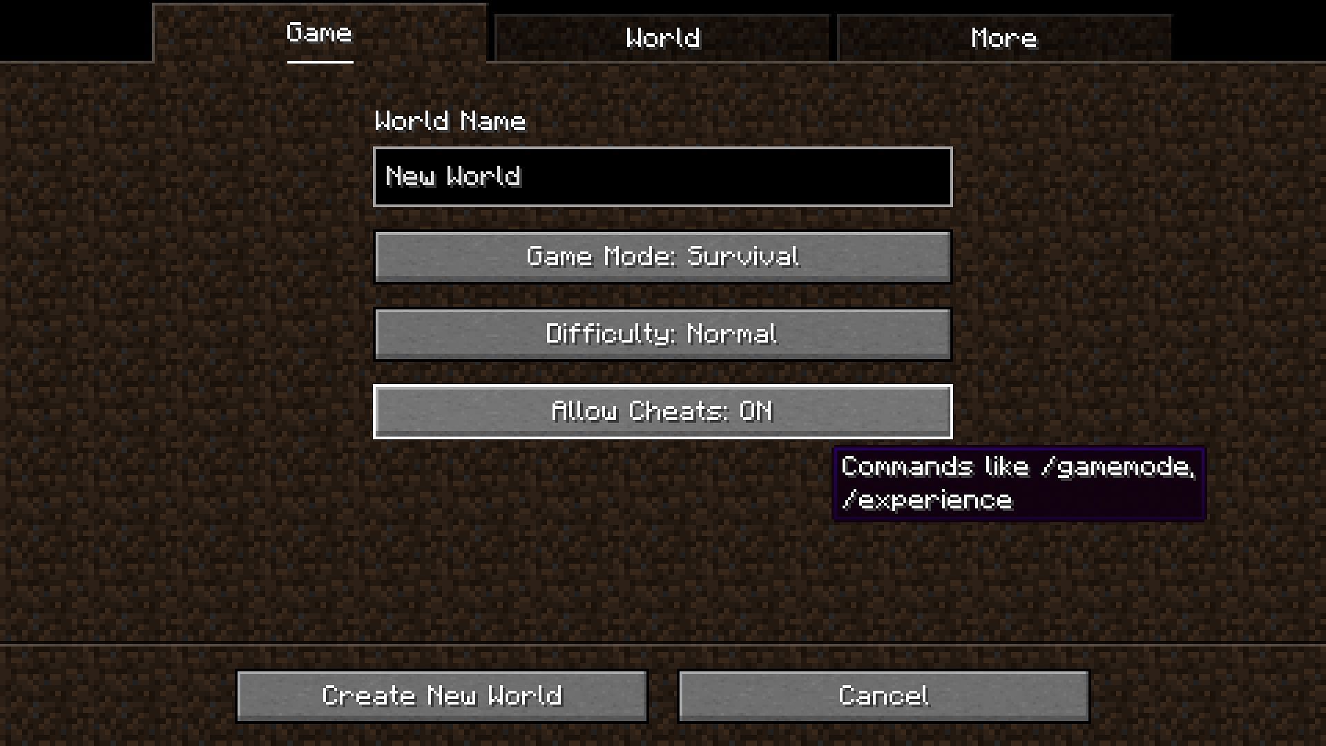 Enabling cheats (Image via Mojang)