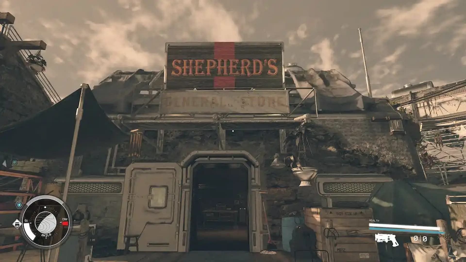 You can find the mysterious puddle in front of Shepherd&#039;s store in Akila City. (Image via Bethesda)