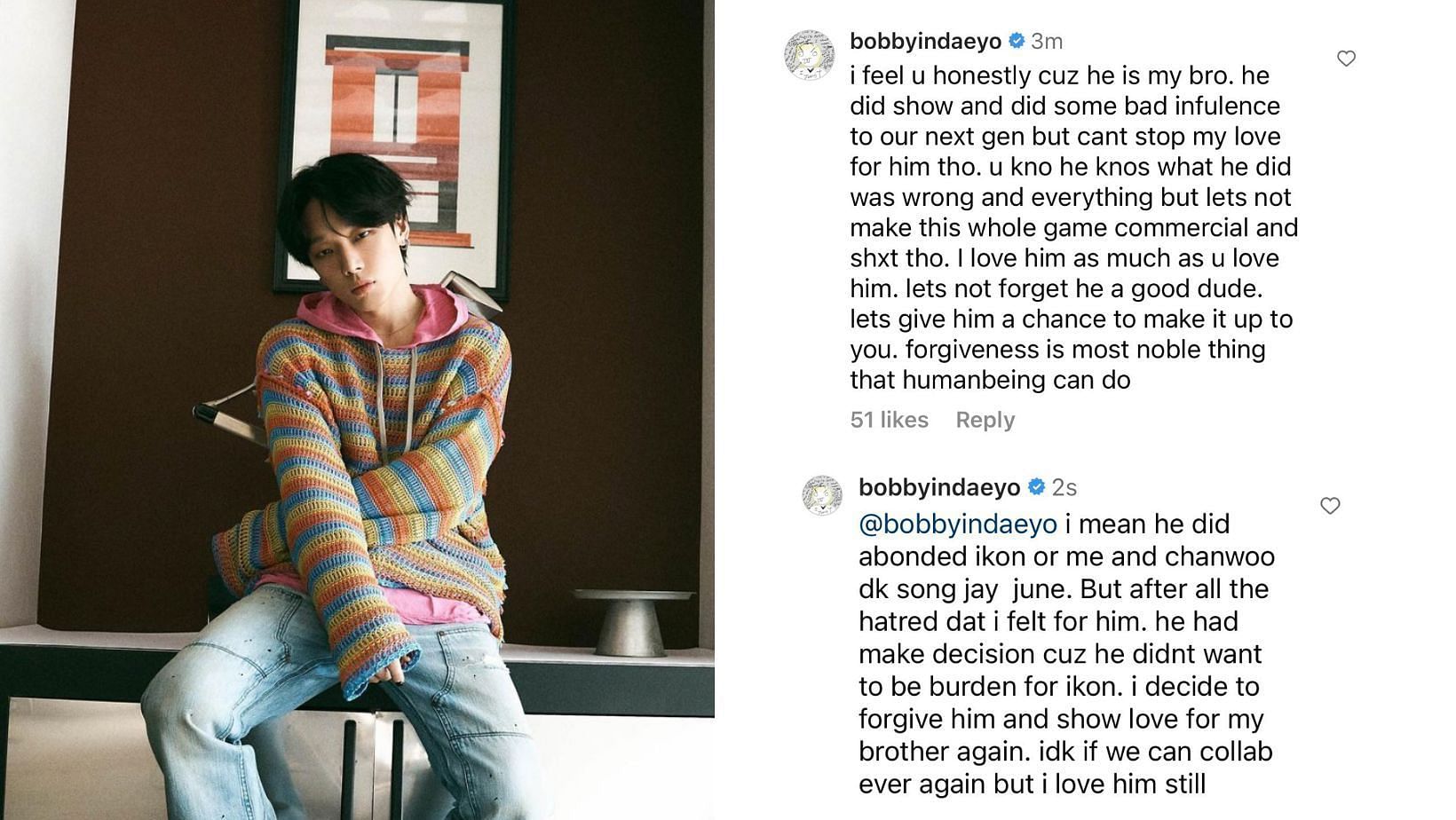 Bobby&#039;s comments on his latest posts (Image via Instagram/@bobbyindaeyo)