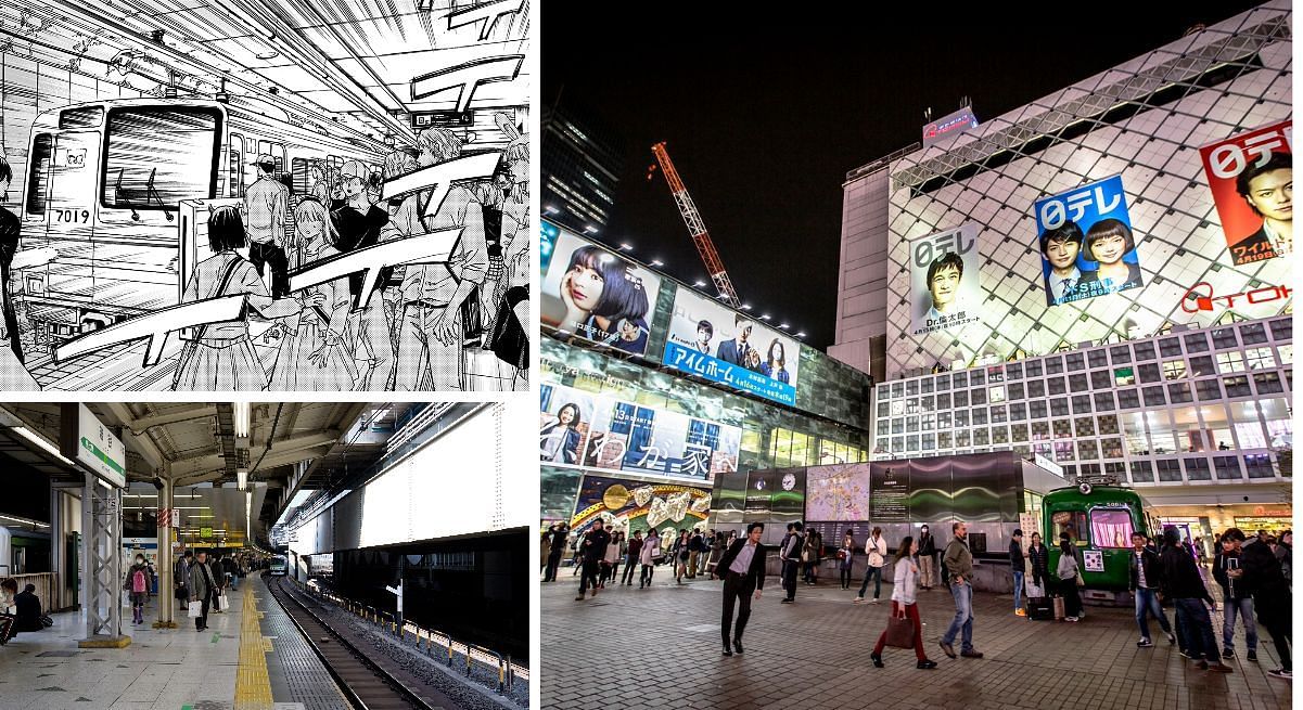 Shibuya Station in Jujutsu Kaisen and real life (Image via Sportskeeda)