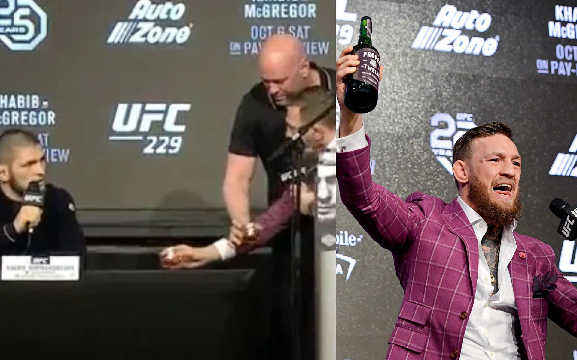 Khabib Nurmagomedov offered whiskey by Conor McGregor. [via Getty Images and YouTube UFC]