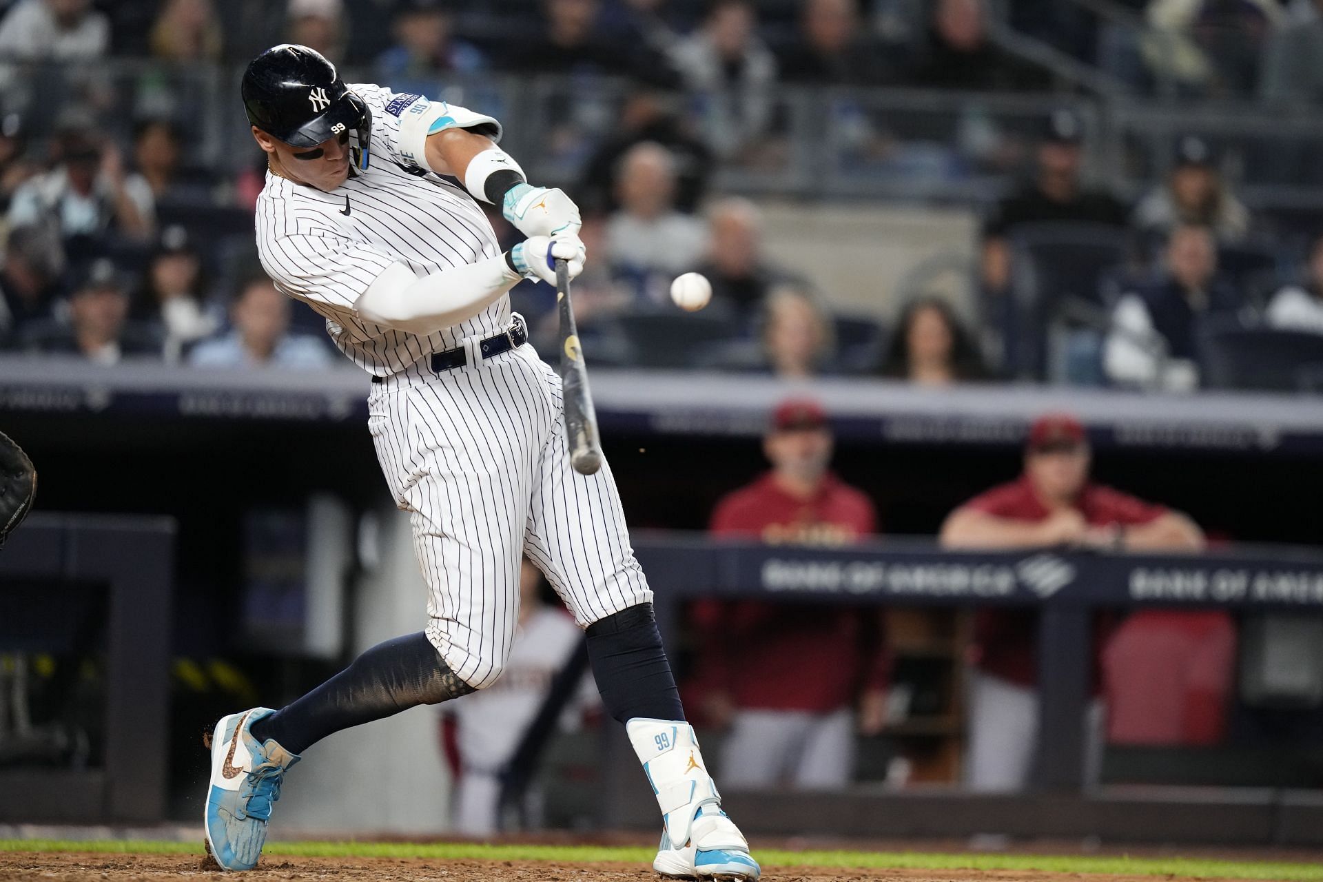 New York Yankees&#039; Aaron Judge hits a home run against the Arizona Diamondbacks in New York