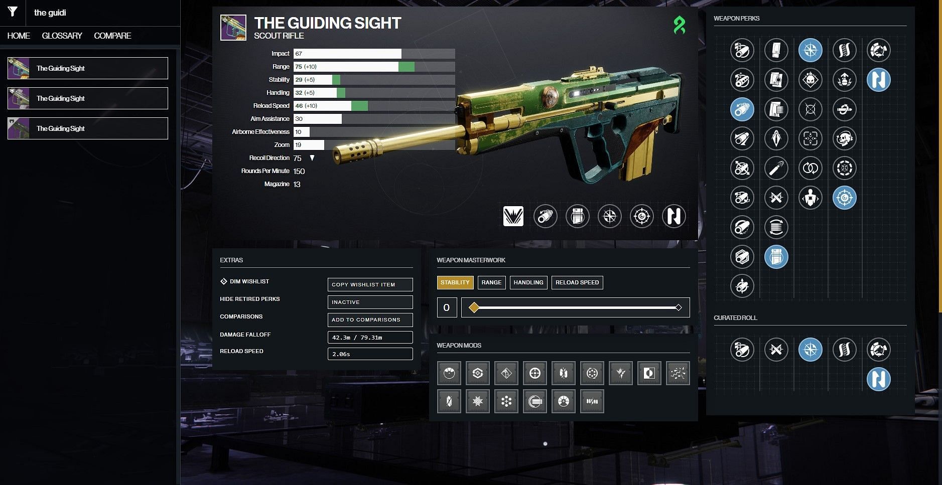 The Guiding Sight god roll for PvP (Image via D2Gunsmith)