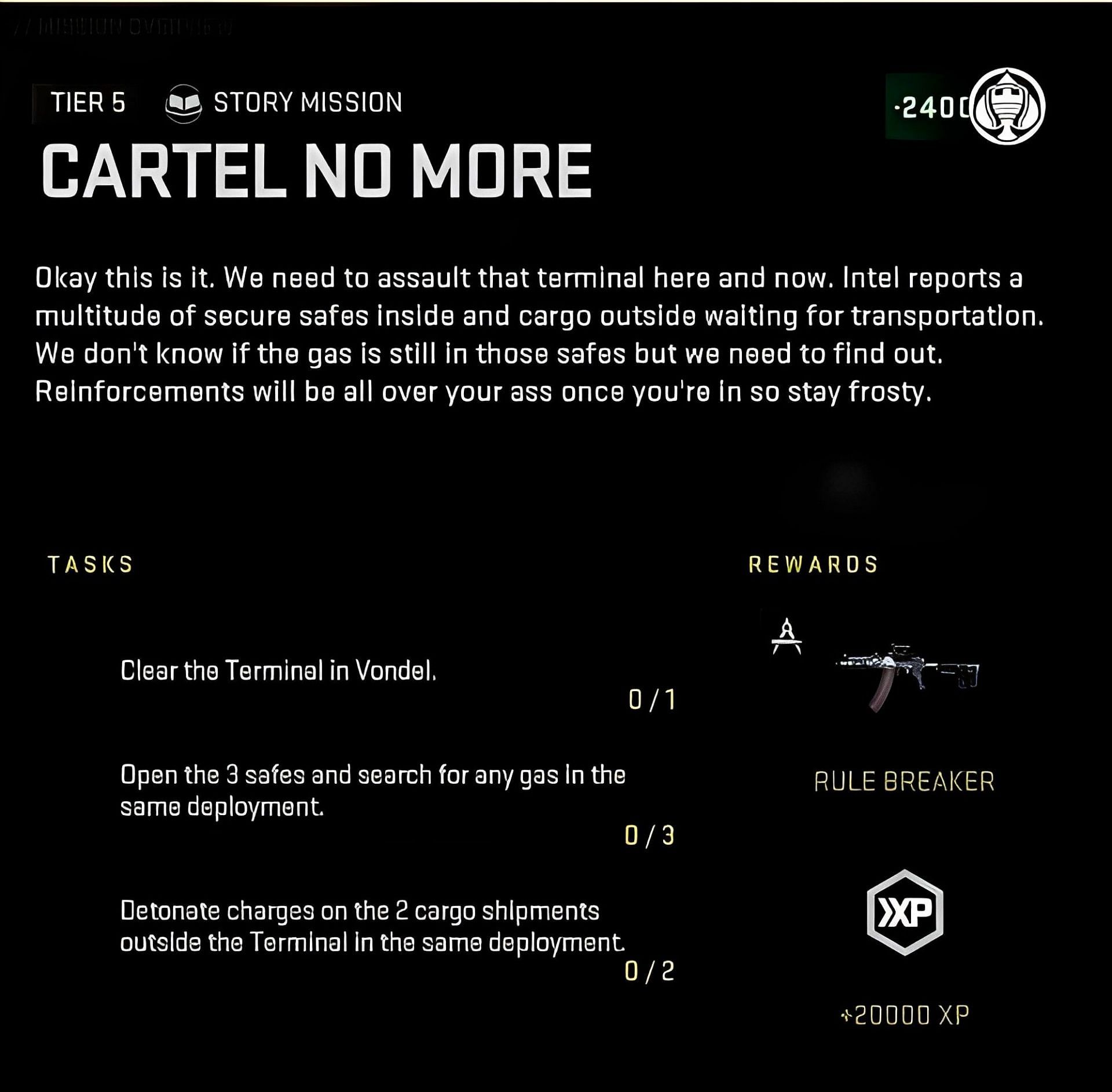 Tasks included in Warzone 2 DMZ&#039;s Cartel No More mission (Image via Activision)