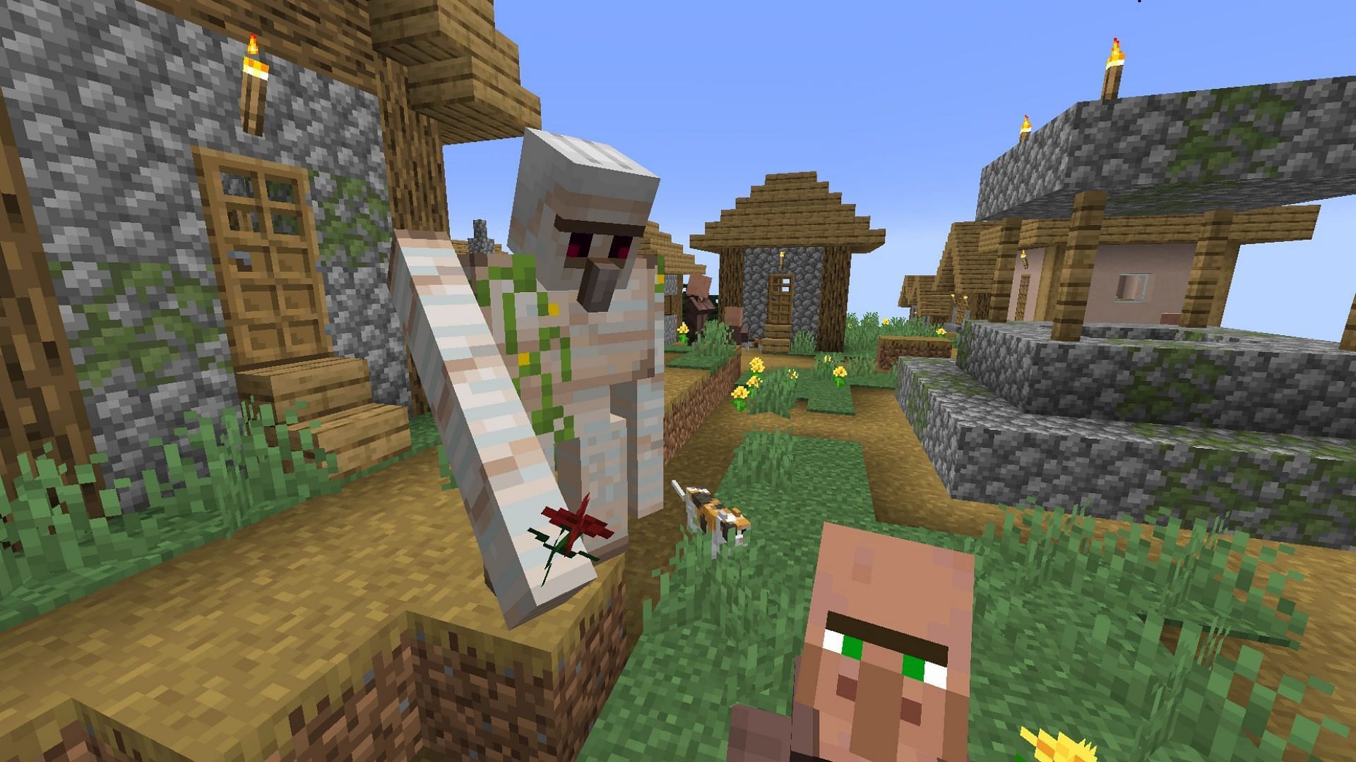 Iron Golems can occasionally give poppy flowers to villagers in Minecraft (Image via Mojang)