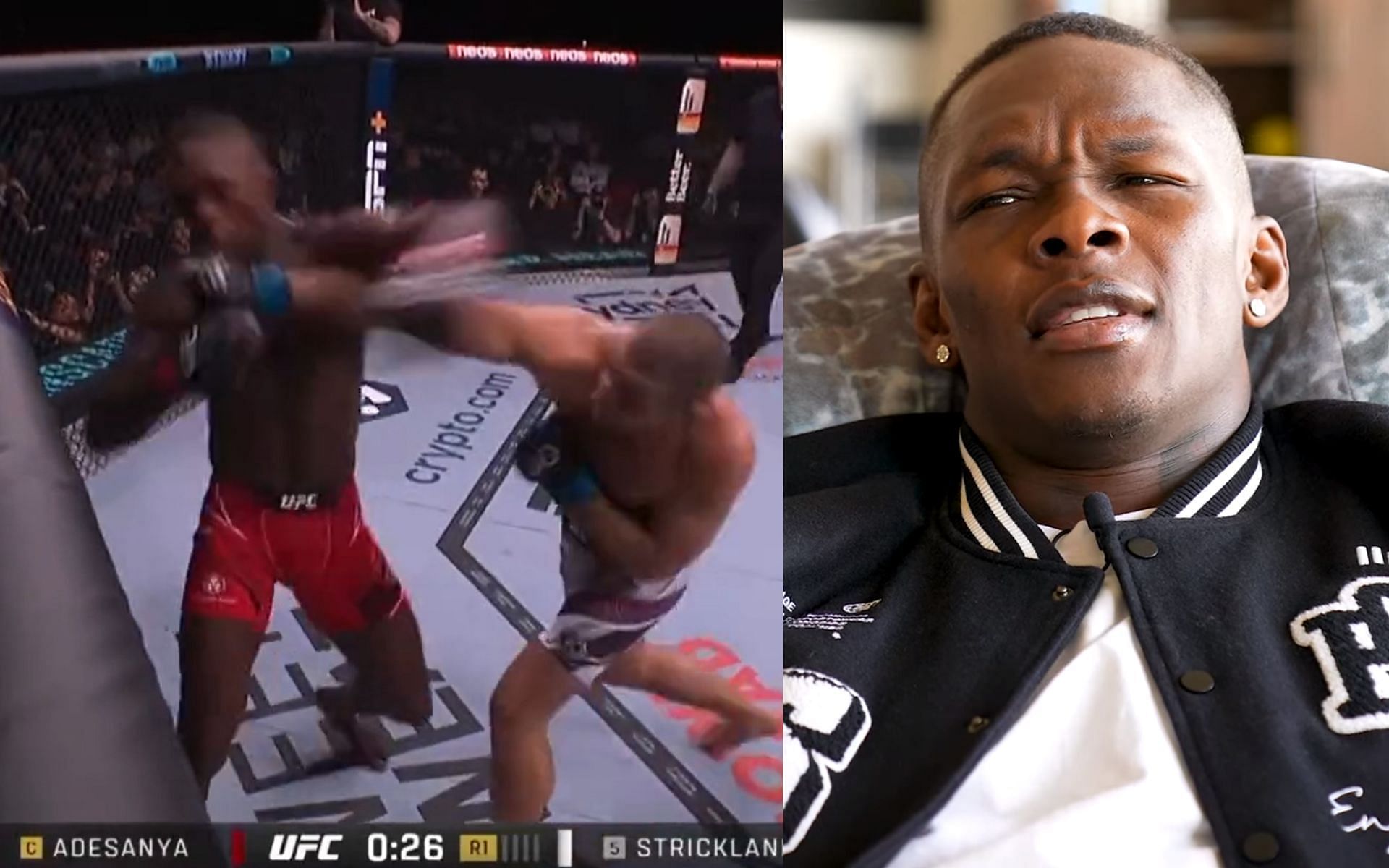 Israel Adesanya vs. Sean Strickland at UFC 293 (left) and Israel Adesanya (right) [Images Courtesy: @bestfightking on X and @freestylebender on YouTube]