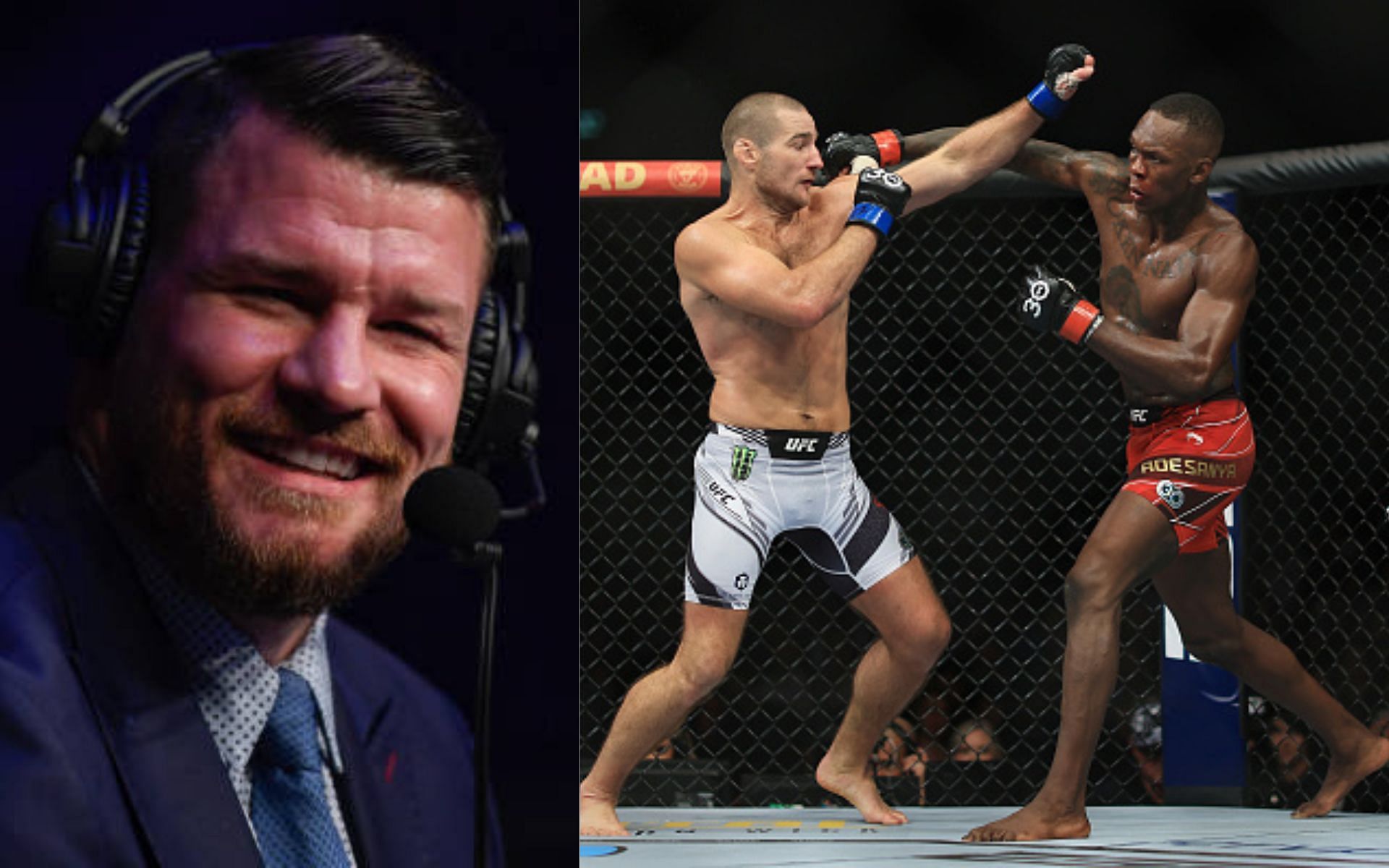 Michael Bisping (left); Israel Adesanya vs. Sean Strickland (right) [images courtesy of Getty Images]
