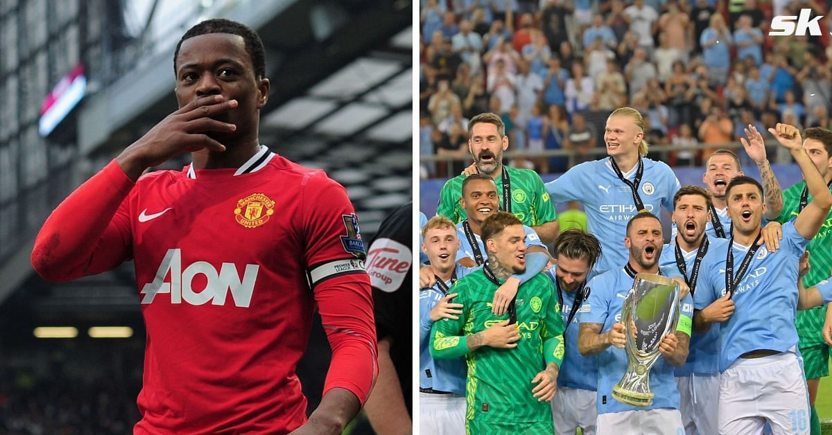 Patrice Evra reacts to Manchester City