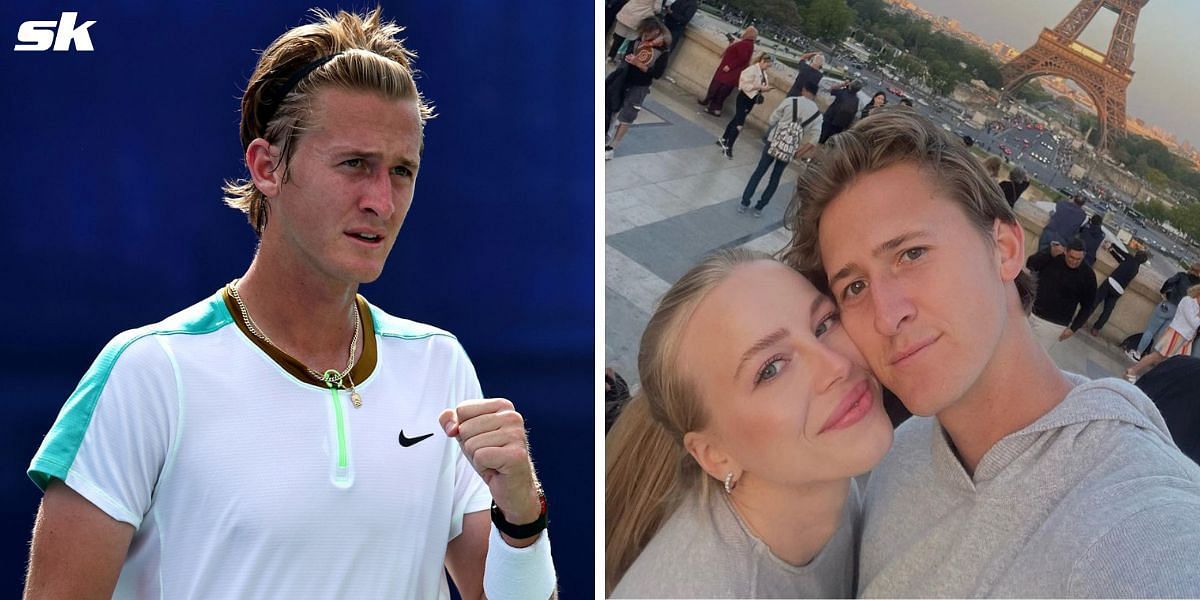 Sebastian Korda&rsquo;s girlfriend Ivana Nedved reacts as the American steps onto the court for opening match at Zhuhai Championships 2023