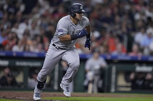 New York Yankees' Jasson Dominguez runs to first base against Houston Astros in Houston