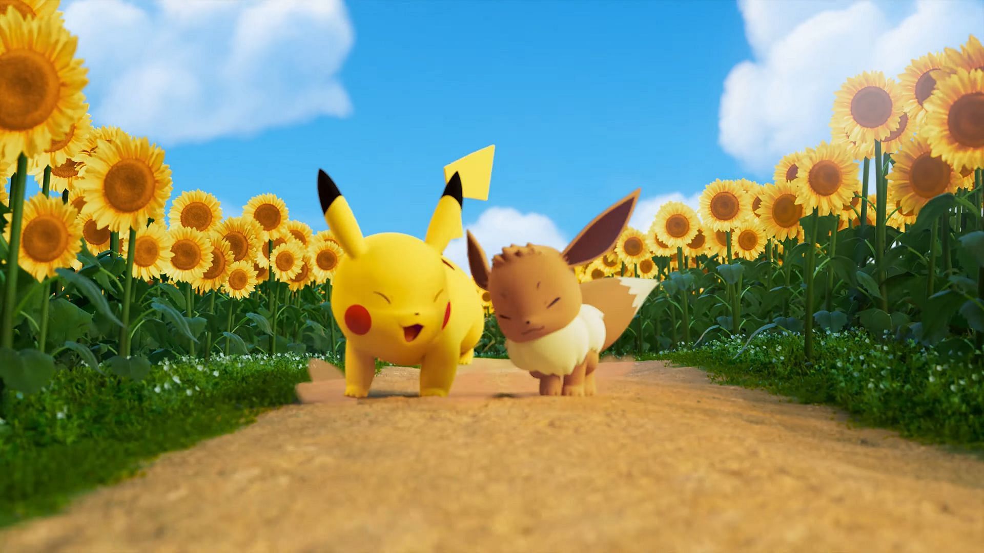 Pikachu and Eevee run through a field of sunflowers in a Pokemon X Van Gogh Museum promotional video.
