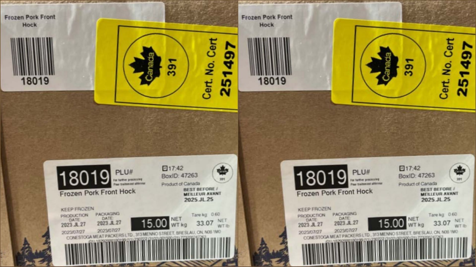 The recalled AJC International frozen, raw pork products were not presented for a mandatory import reinspection (Image via FSIS)