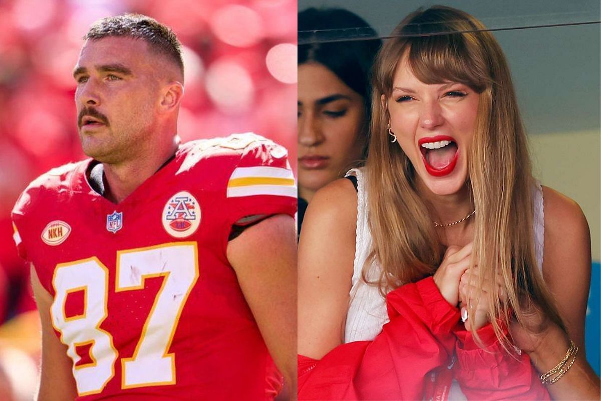 Travis Kelce (L) and Taylor Swift