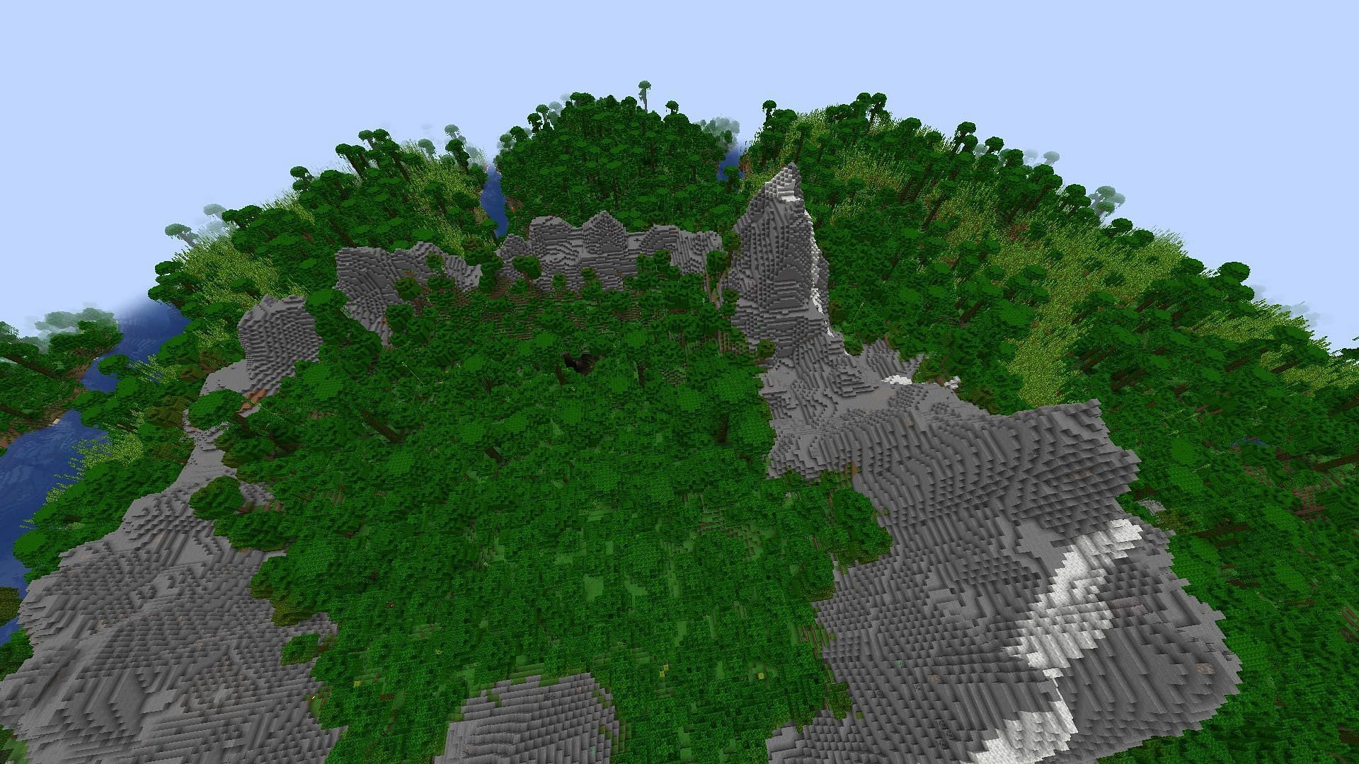 A beautiful jungle biome surrounded by large mountain ranges (Image via Mojang)