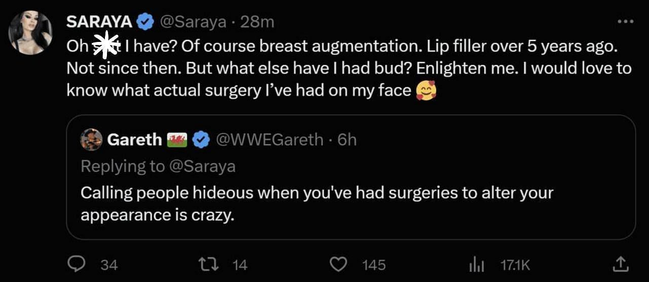 Saraya claps back at a fan in a now-deleted tweet