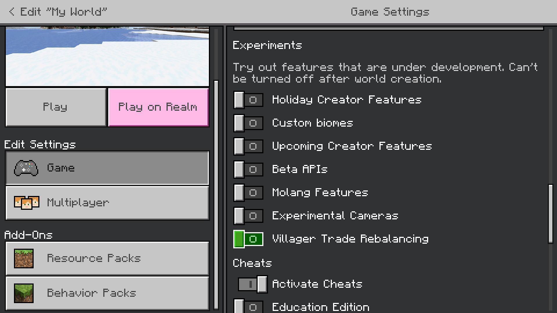 Experimental toggle for villager trade rebalancing in Bedrock Edition (Image via Mojang)