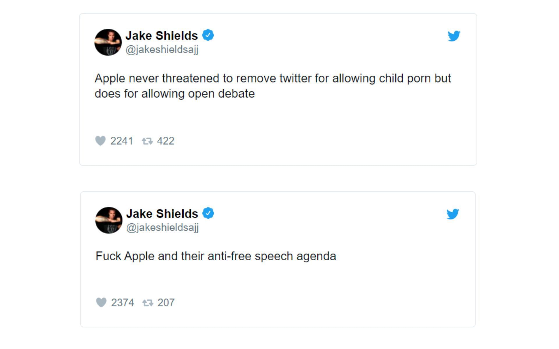 Screenshots of Shields&#039; tweets against Apple