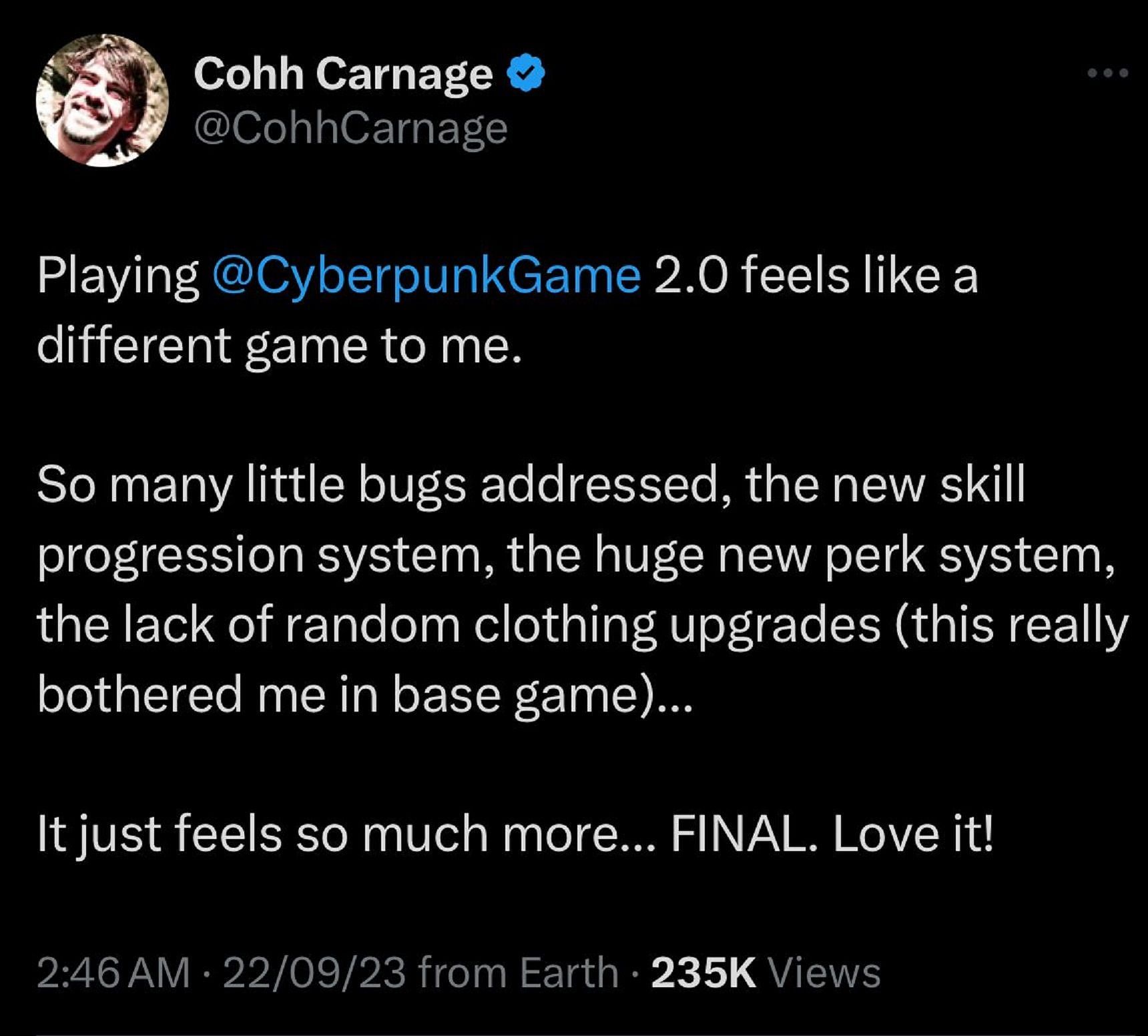 CohhCarnage&#039;s reaction to Cyberpunk 2.0 update (Image via Twitter/X)