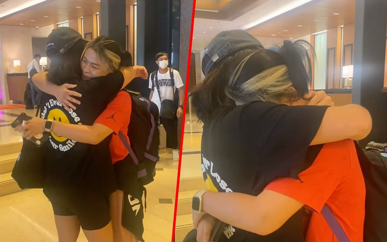 Stamp Fairtex and Angela Lee hugging each other (left) and (right) photos