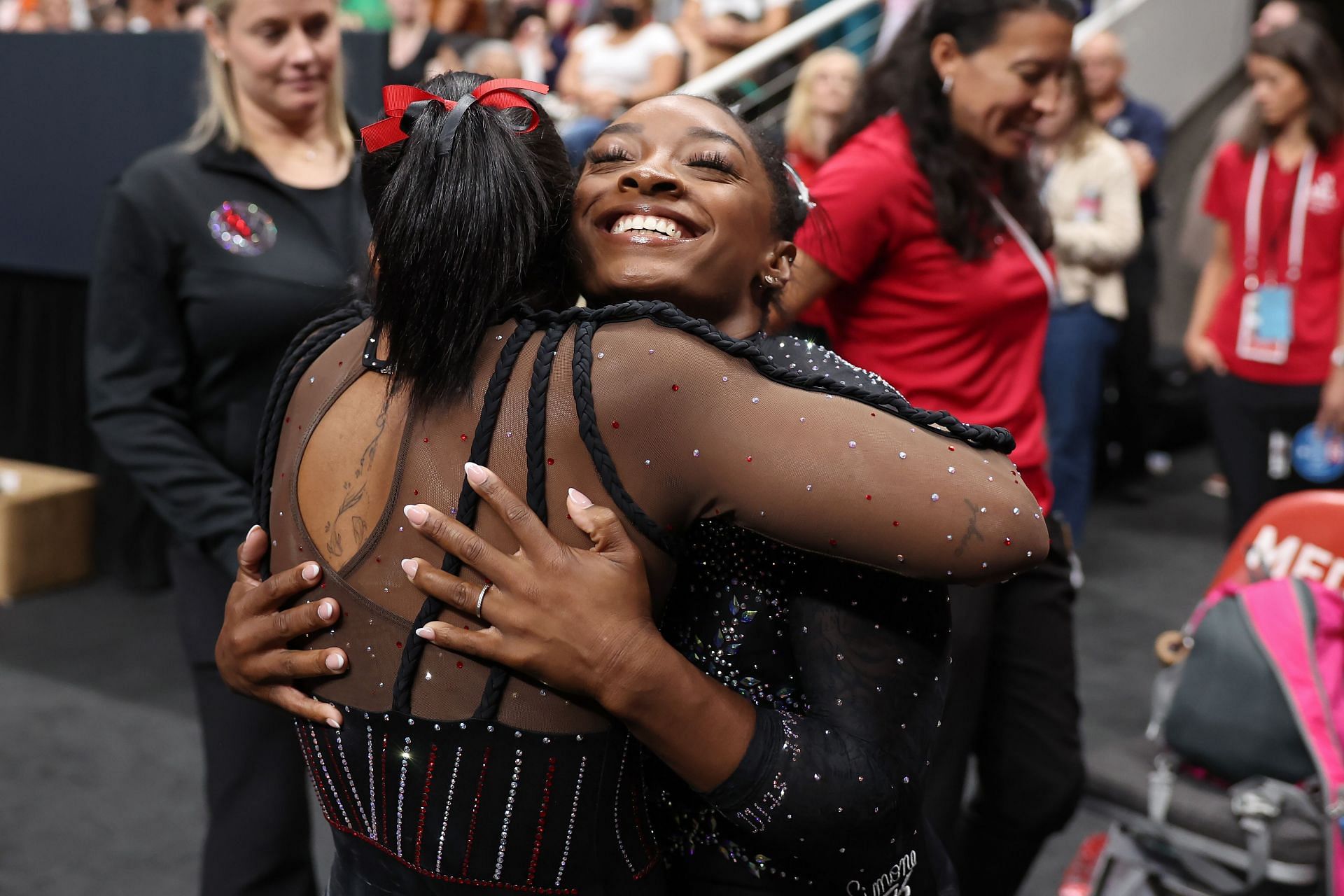Jordan Chiles (L) and Simone Biles embrace on day four of the 2023 U.S. Gymnastics Championships at SAP Center Jordan Chiles of the United States celebrates after their routine in the Woman&#039;s Floor Final on day nine of the 2022 Gymnastics World Championships at M&amp;S Bank Arena