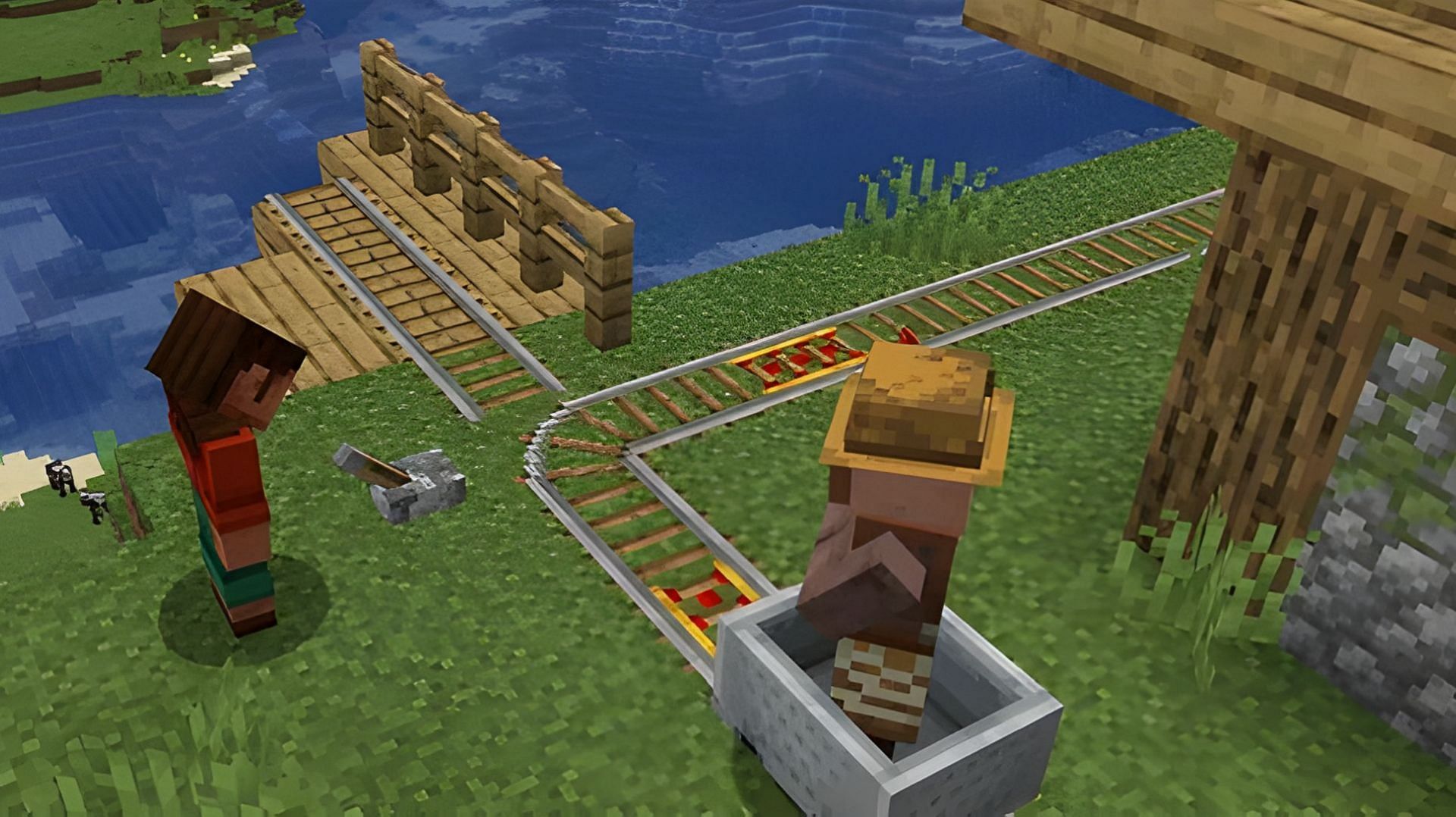 A player looks at a villager riding a minecart in Minecraft.