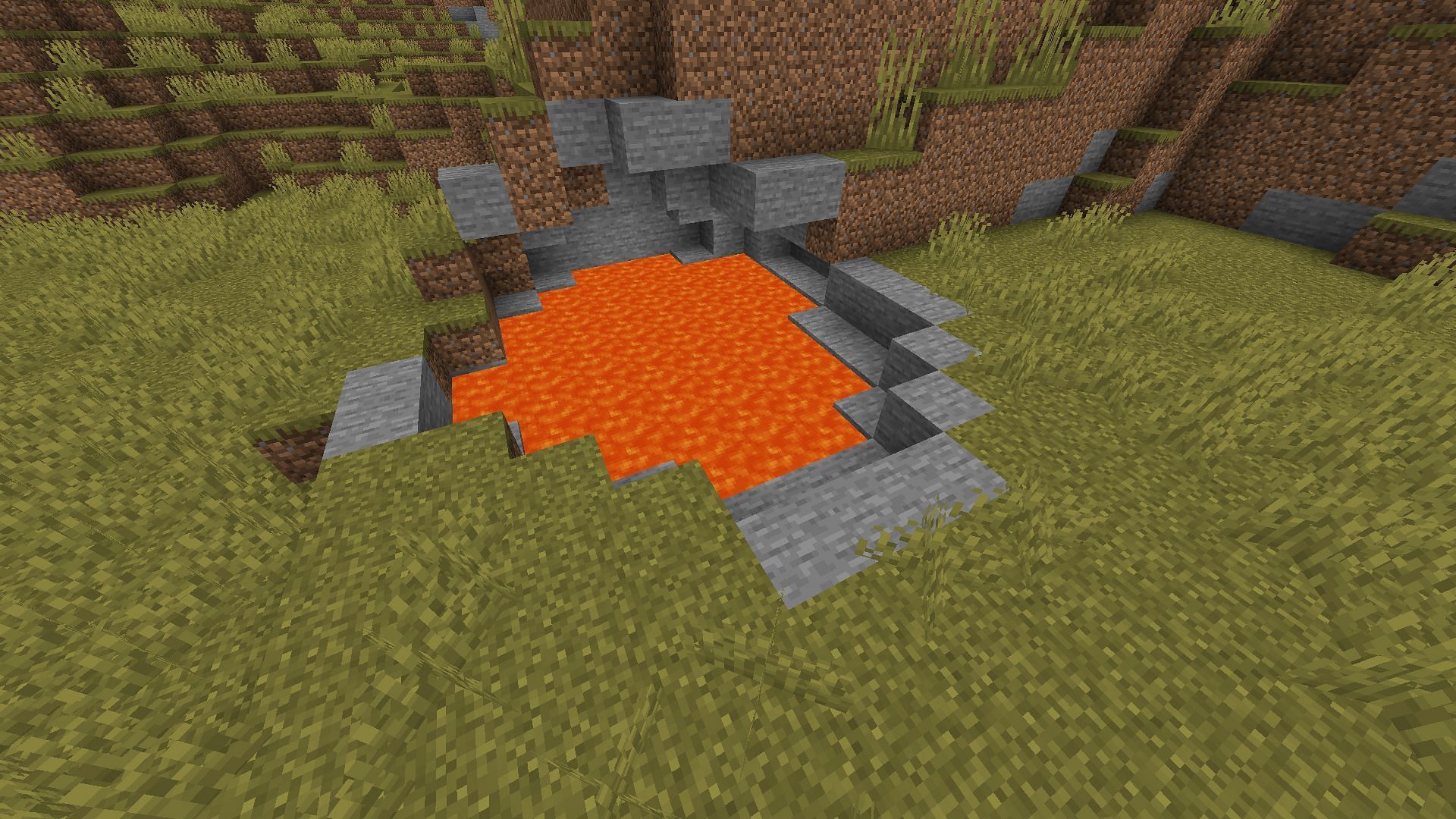 Lava lake is a small pool of lava either generated underground or on the surface in Overworld (Image via Mojang)