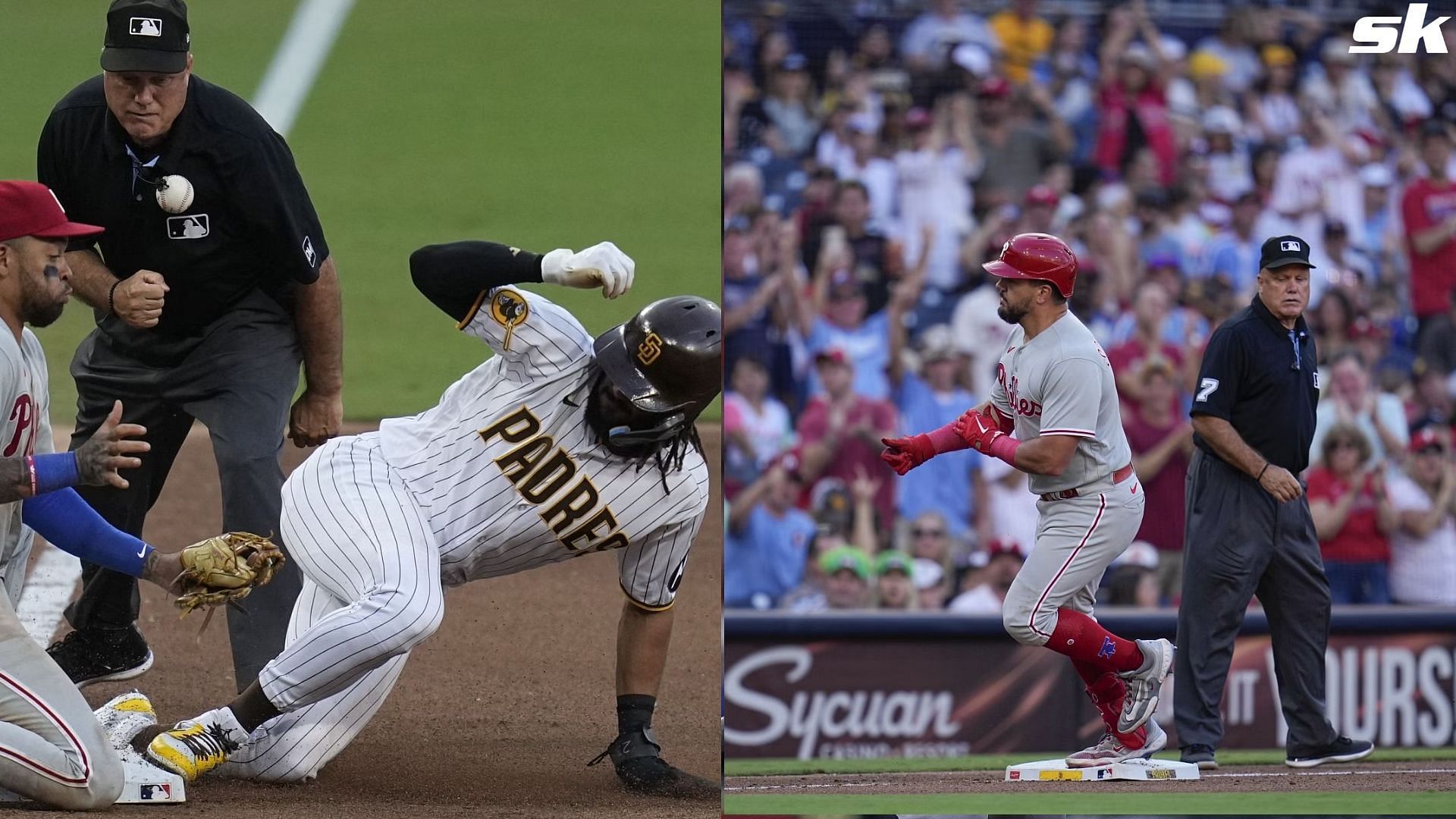 WATCH: Phillies get help from the third base umpire as he saves a run by blocking a wild throw