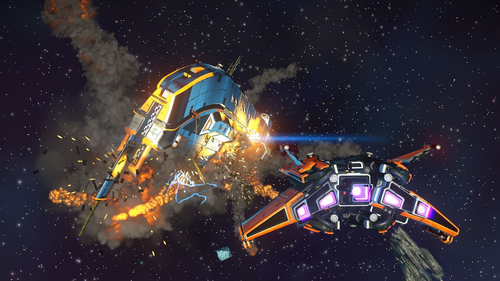 A starship blowing up a sentinel dreadnaught freighter