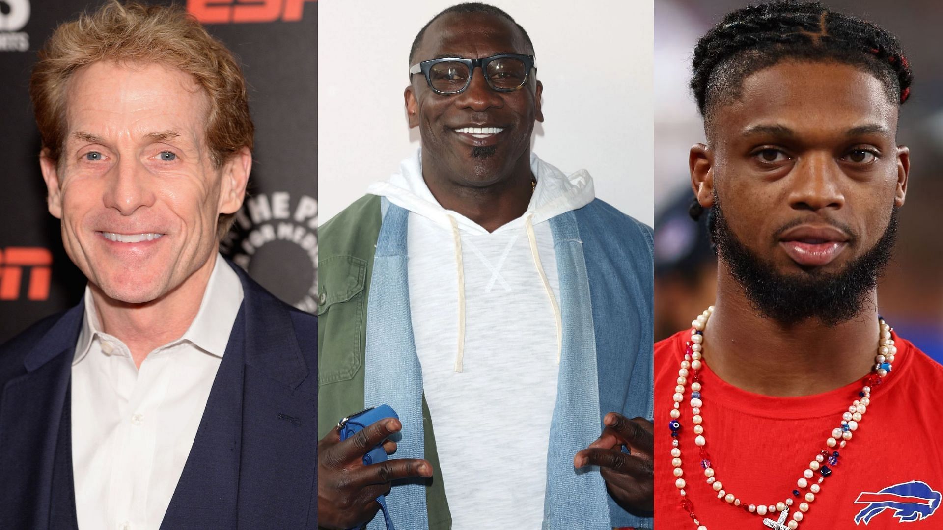 Skip Bayless, Shannon Sharpe, and Damar Hamlin. (Image credit: Jamie McCarthy/Getty Images)