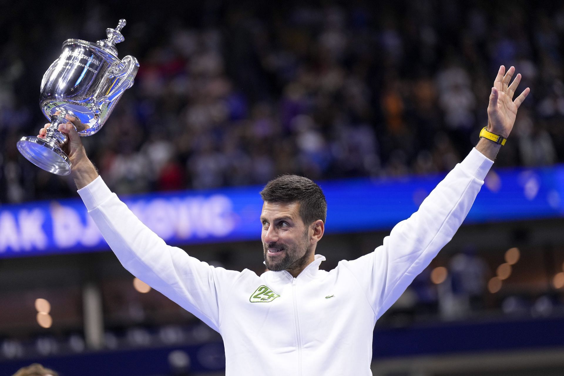 Novak Djokovic pictured with the 2023 US Open trophy