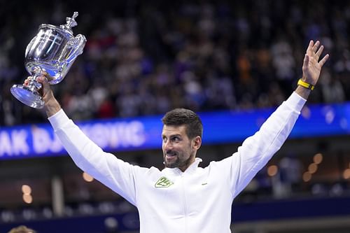 Novak Djokovic pictured with the 2023 US Open trophy