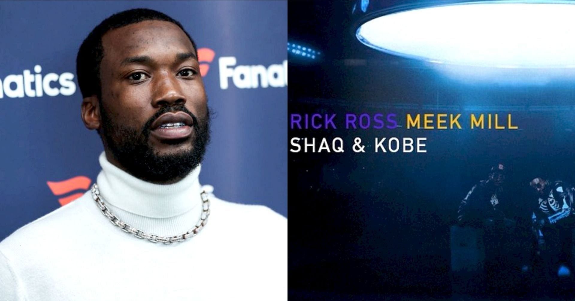 Rapper Meek Mill and the artwork for his upcoming Shaquille O’Neal and Kobe Bryant-themed “Shaq & Kobe” collab with Rick Ross