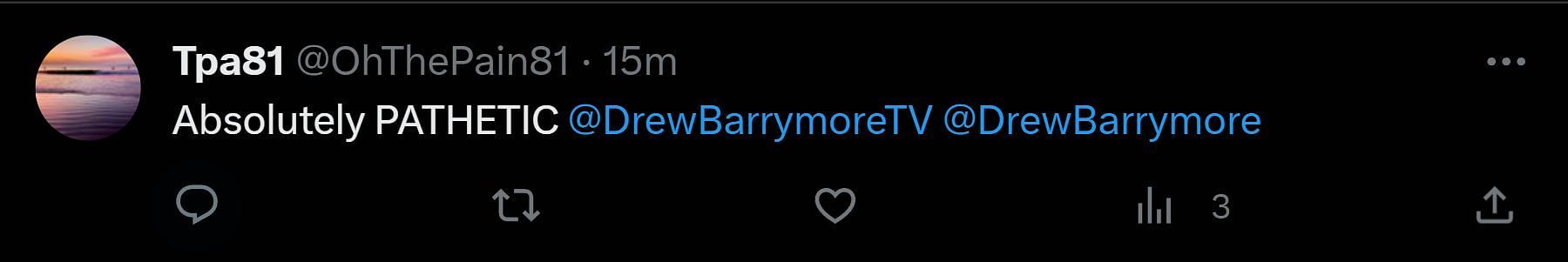 A tweet reply to DF&#039;s post about Barrymore resuming her show (Image via X)