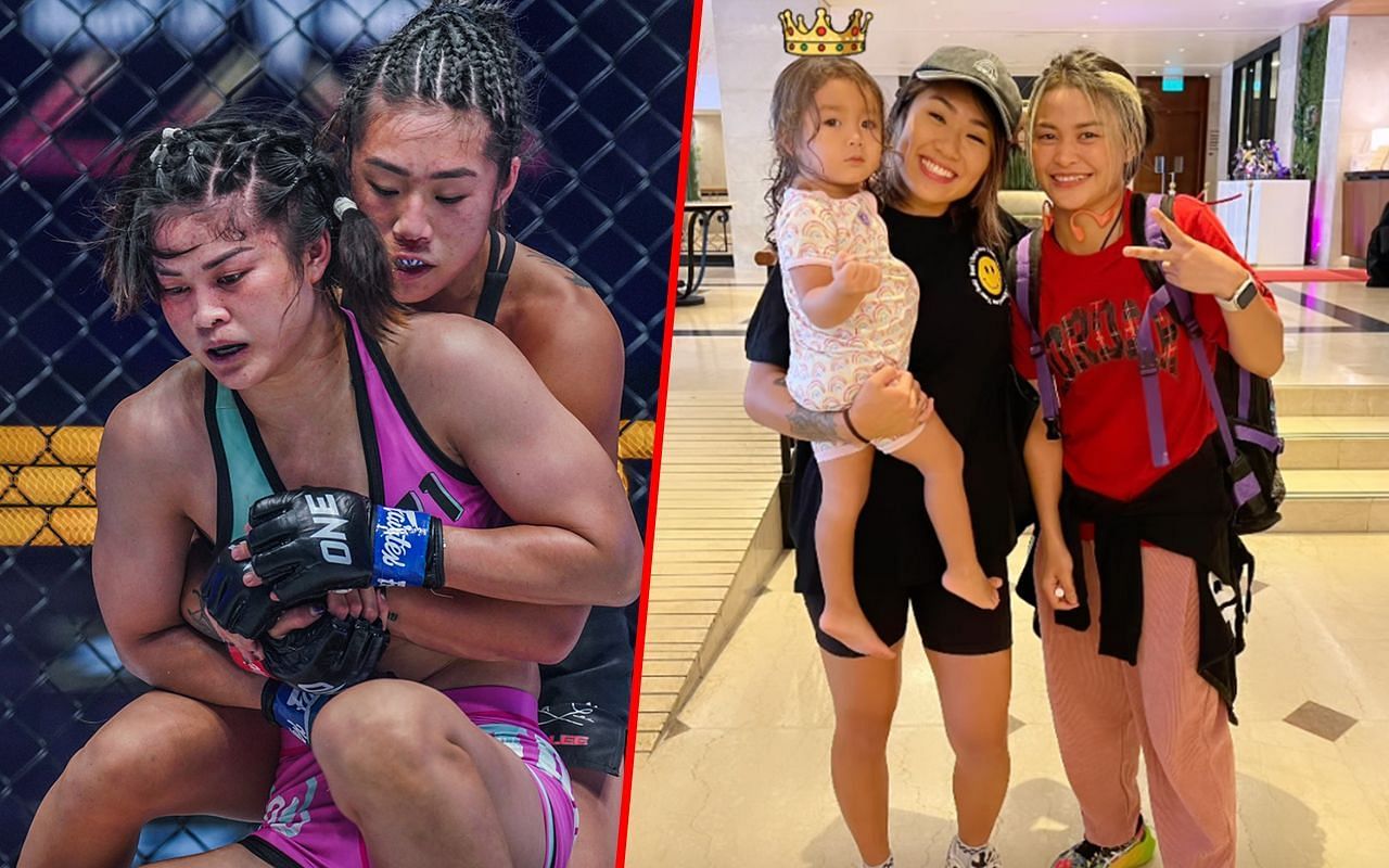 Angela Lee and Stamp Fairtex during a fight (left) and Lee and Stamp with Baby Ava (left)