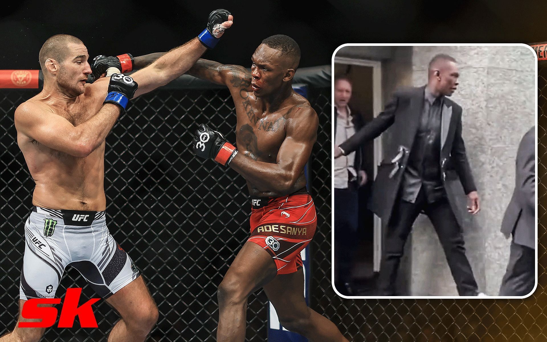 Sean Strickland vs. Israel Adesanya (Left); Adesanya at a courthouse in Auckland, New Zealand (Right) [*Image courtesy: Getty Images; @MMAFayce Twitter]