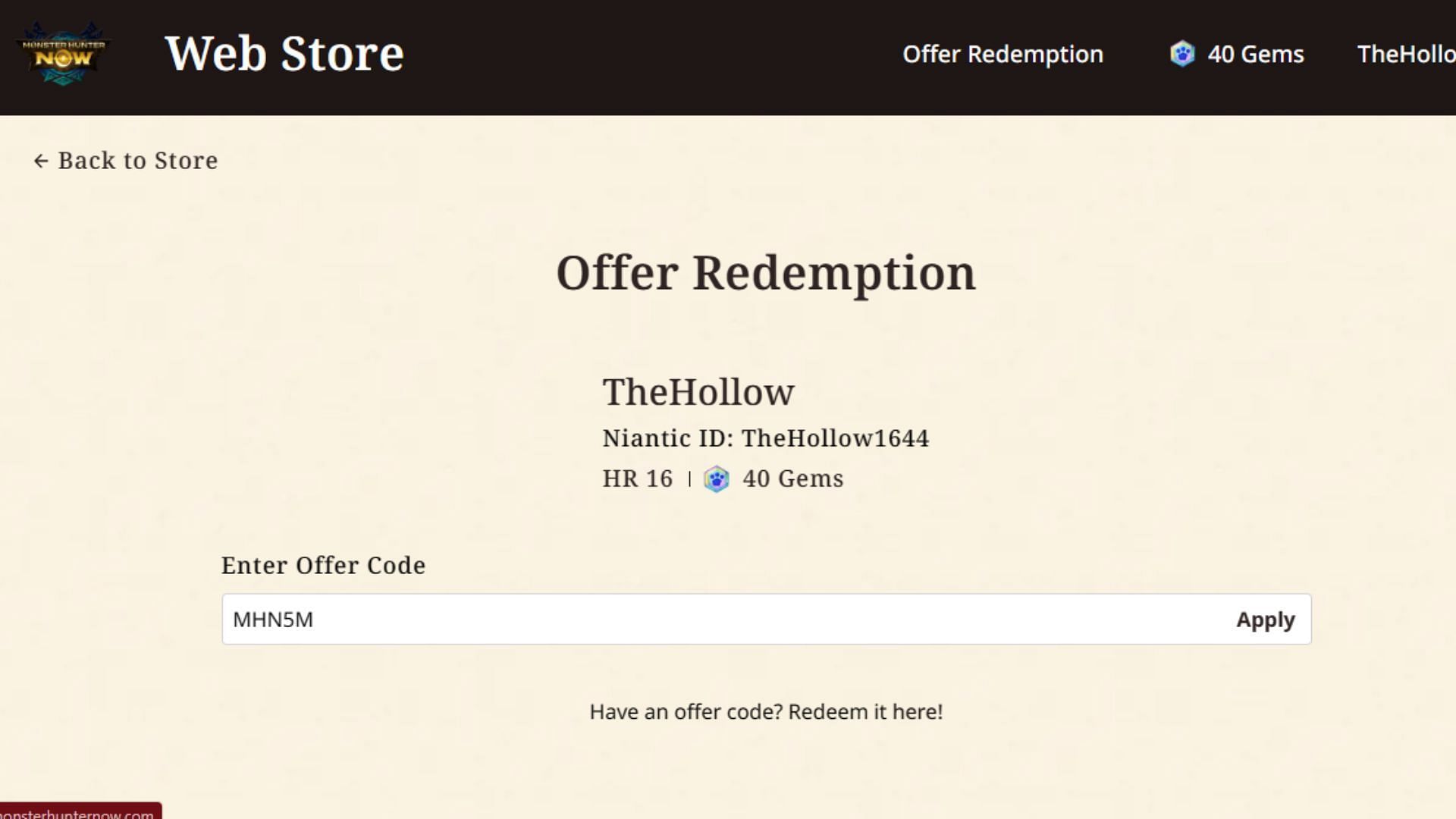 A screenshot of the Code Redemption webpage for Monster Hunter. (Image via Niantic)