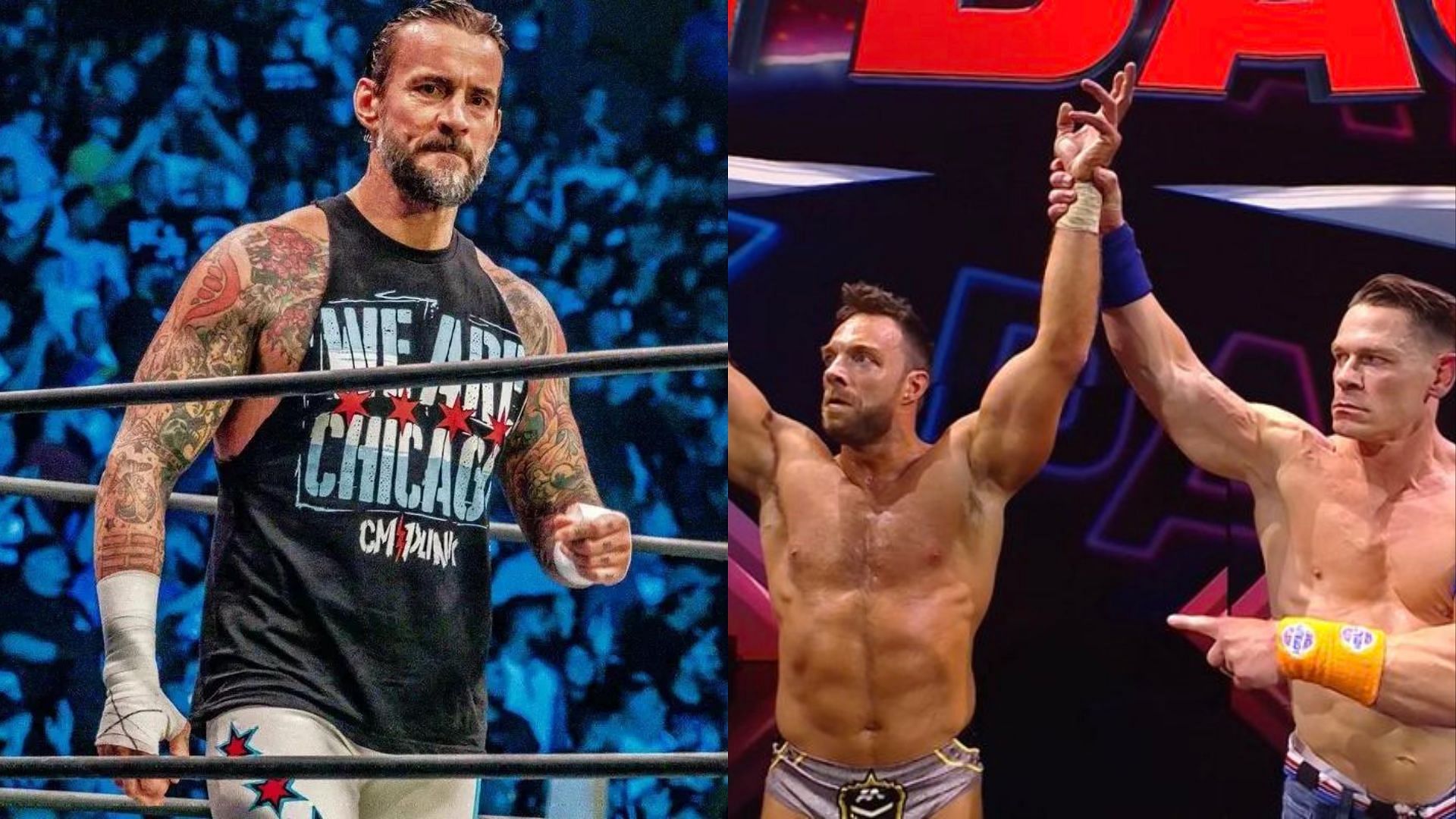 CM Punk (left) LA Knight and John Cena from WWE (right)