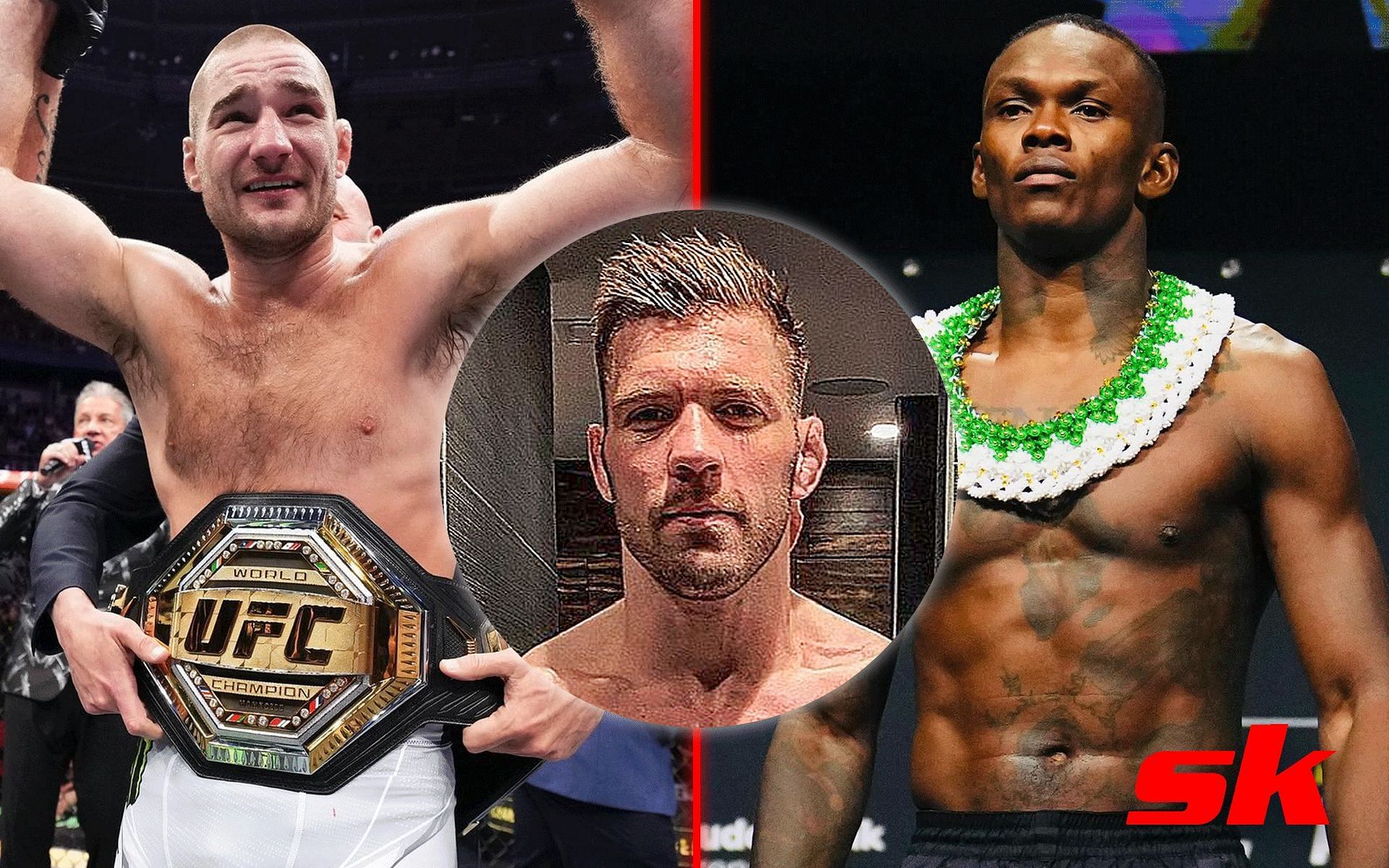 Dricus du Plessis (Inset) Sean Strickland (left) and Israel Adesanya (Right) [Images via: @ufc, @stylebender, and @dricusduplessis on Instagram]