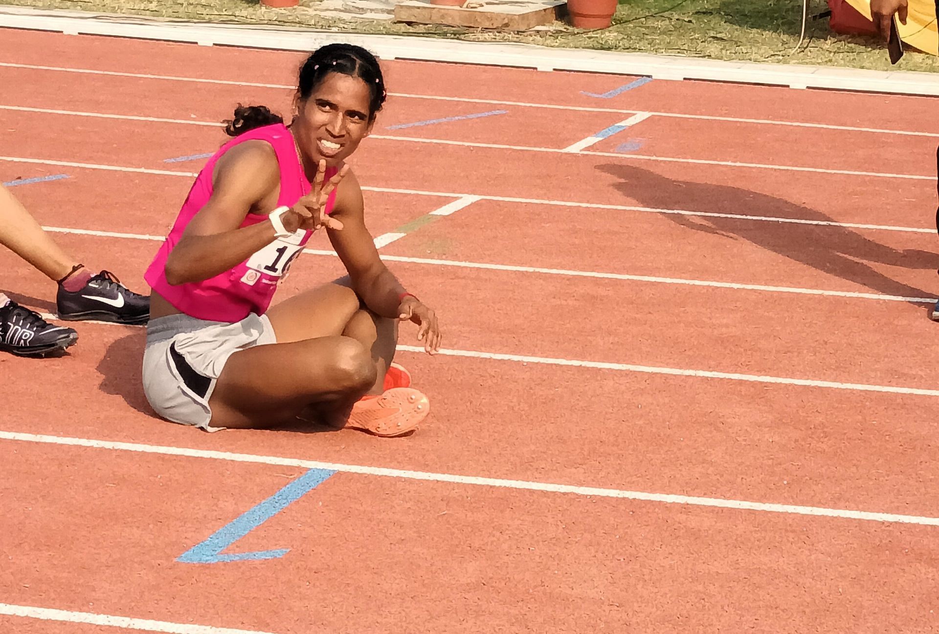 R Vithya Ramraj after winning 400m hurdles at the Indian Grand Prix in Chandigarh on Monday. Photo credit: AFI 