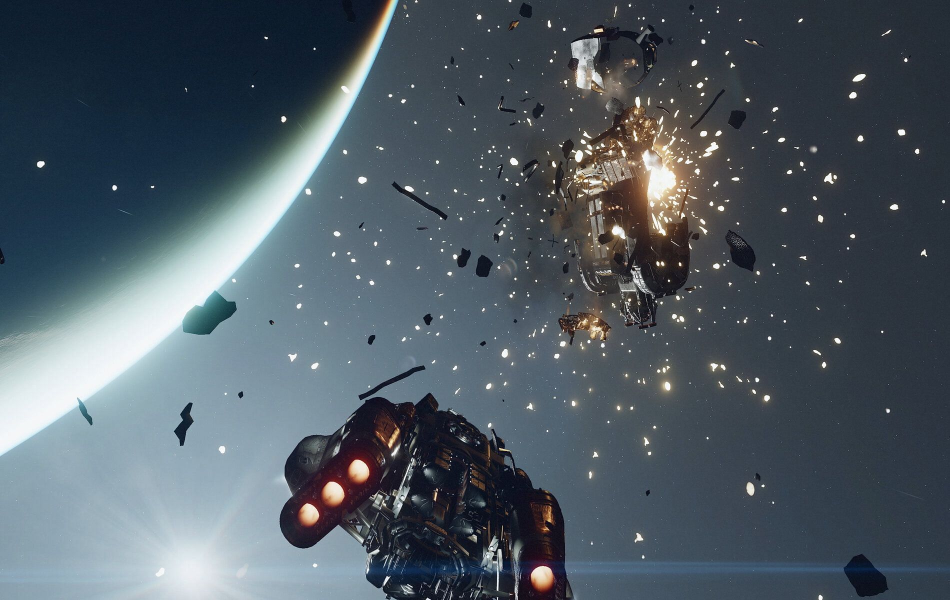 A dogfight between two spaceships outside the atmosphere of a planet